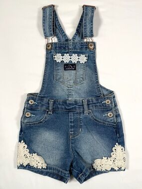 JORDACHE Denim Shortalls Lace Floral Embellished Jean Overall Shorts Girls 5T